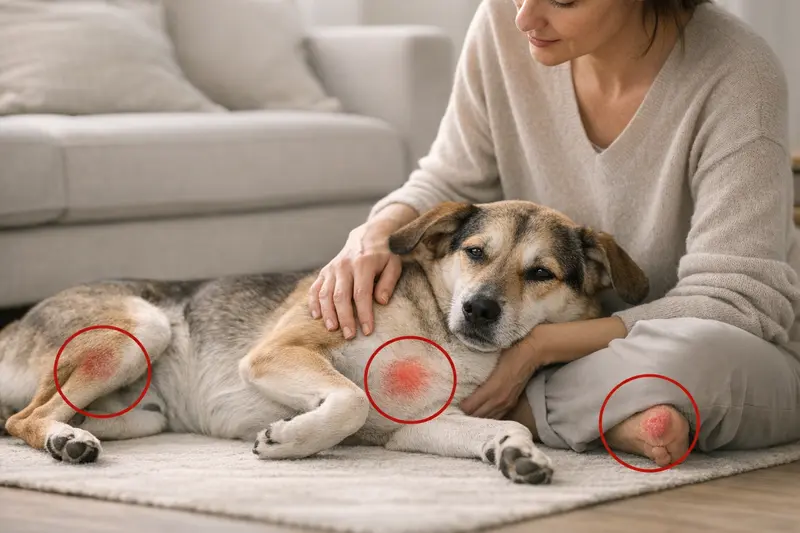 Visualisierung von typischen Druckstellen bei Hunden an Ellbogen, Brustbein und Sprunggelenk.