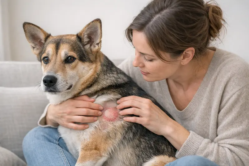 Ein Hund mit typischen Hautveränderungen wie kahlen, geröteten und schuppigen Stellen.