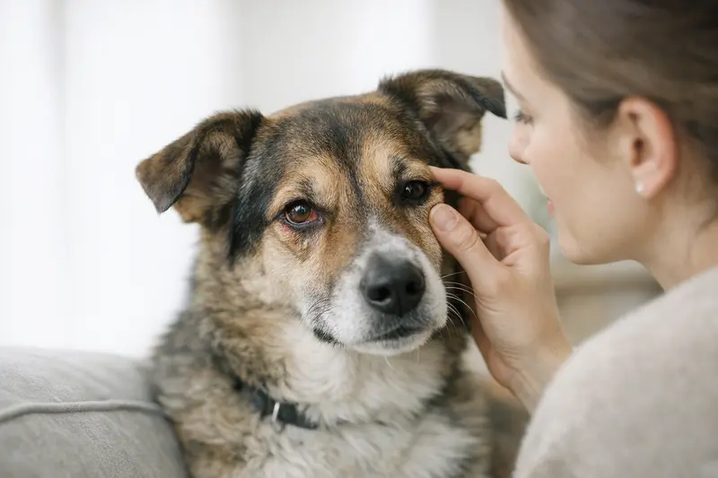 Nahaufnahme eines Hundes mit gerötetem Auge und Tränenfluss