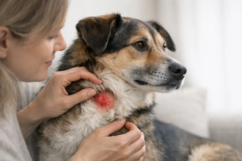 Ein Hund mit sichtbarem Hotspot, der deutliche Rötungen am Hals zeigt.