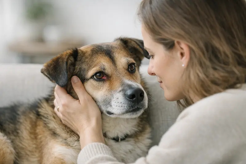 Ein Hund mit dezent sichtbarer Rötung am inneren Augenwinkel, der gesund und munter wirkt.