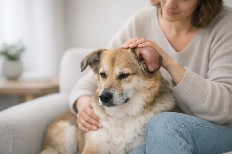Ein Hund mit geschwollenem Ohr und Schonhaltung, der Anzeichen von Unbehagen zeigt.