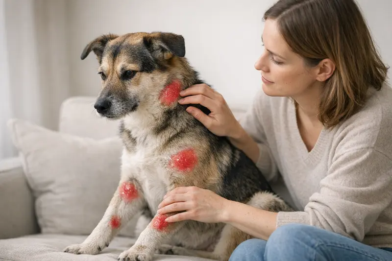 Schematische Darstellung typischer Hotspot-Lokalisationen bei Hunden, einschließlich Rumpf, Hals und Vorderläufen mit Anzeichen von Rötung und Nässen.