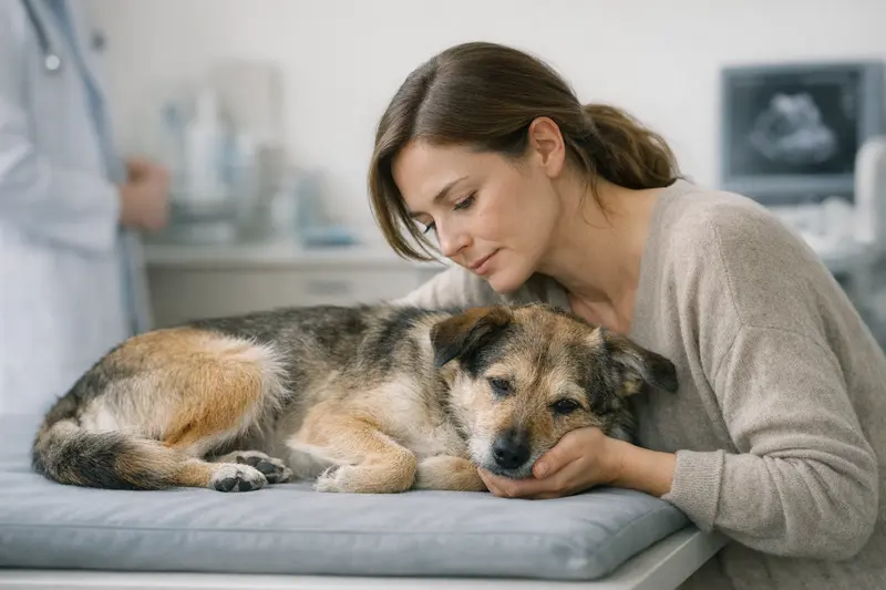 Ein unruhiger Hund mit Bauchschmerzen in einer Tierarztpraxis, der die Notfallsituation verdeutlicht.