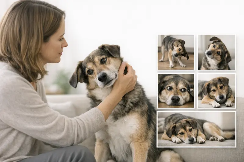 Infografik mit Warnzeichen für Hunde in Notfällen wie Gleichgewichtsstörungen und Verhaltensänderungen.