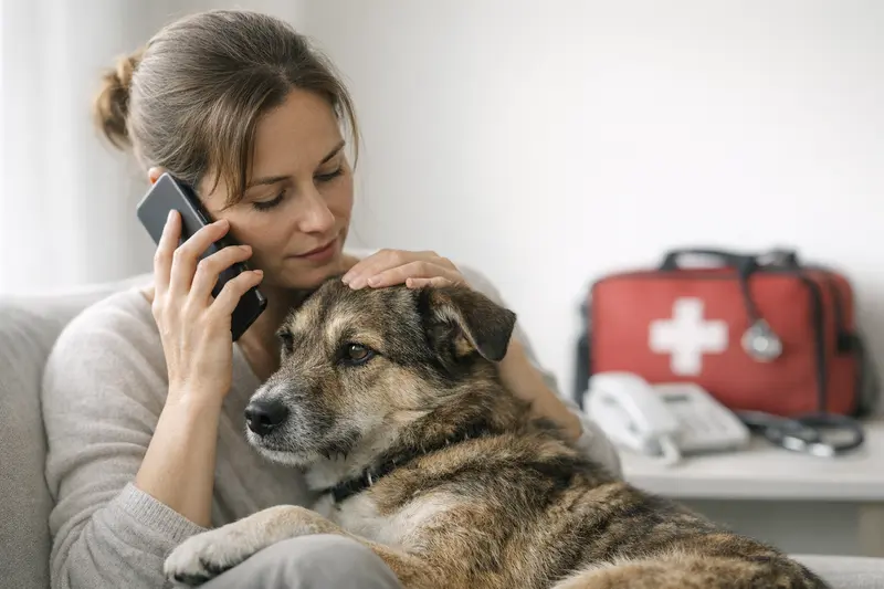 Hundehalter hält ein Telefon mit Notdienst-Nummer, während ein gesund aussehender Hund neben ihm sitzt.