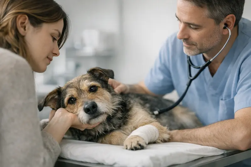 Ein Hund wird ruhig von einem Tierarzt untersucht, um die Notwendigkeit von professioneller Hilfe zu verdeutlichen.