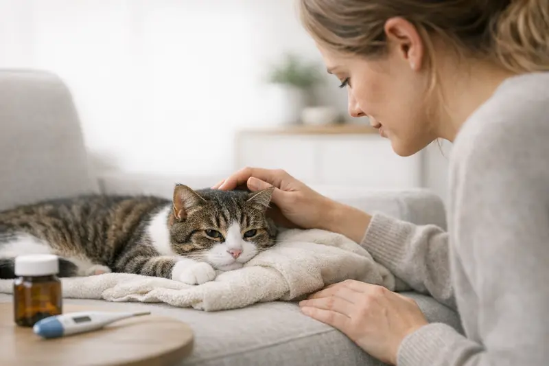 Katzensituation in ruhiger Umgebung mit dezenter Checkliste zu Warnzeichen und Handlungsempfehlungen.