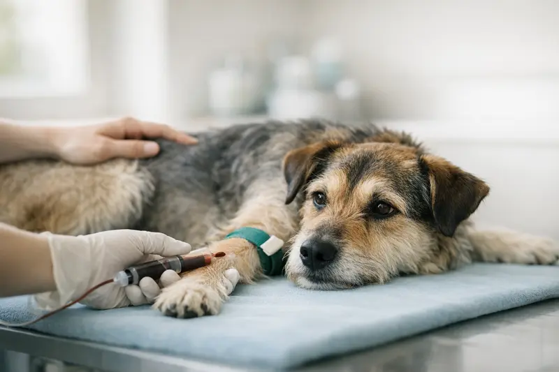 Ein ruhiger Hund während einer Blutabnahme in einer vertrauensvollen Umgebung.