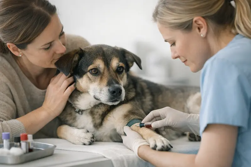 Ein ruhiger Hund wird von einem Tierarzt team während der Blutentnahme sanft fixiert.