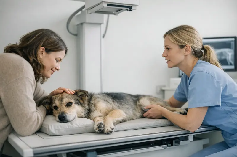 Ein Hund liegt ruhig auf einem Röntgentisch, umgeben von Tiermedizinern, die den Ablauf erklären.