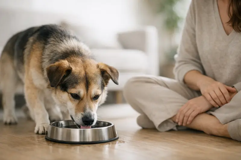 Ein ruhiger Hund steht vor seinem Trinknapf und trinkt Wasser, was auf seine Gesundheit hinweist.