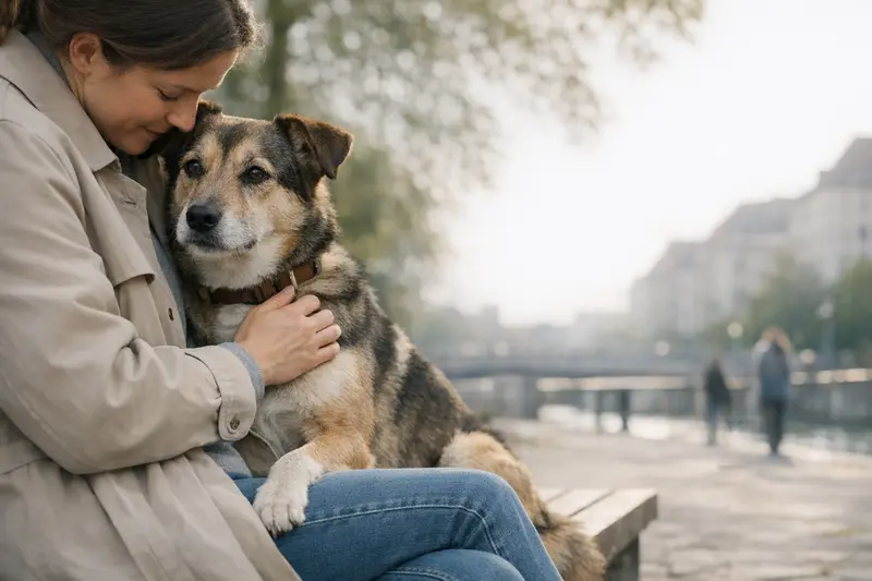 Ein entspannter Hund begleitet seine Familie beim Spaziergang in der Stadt