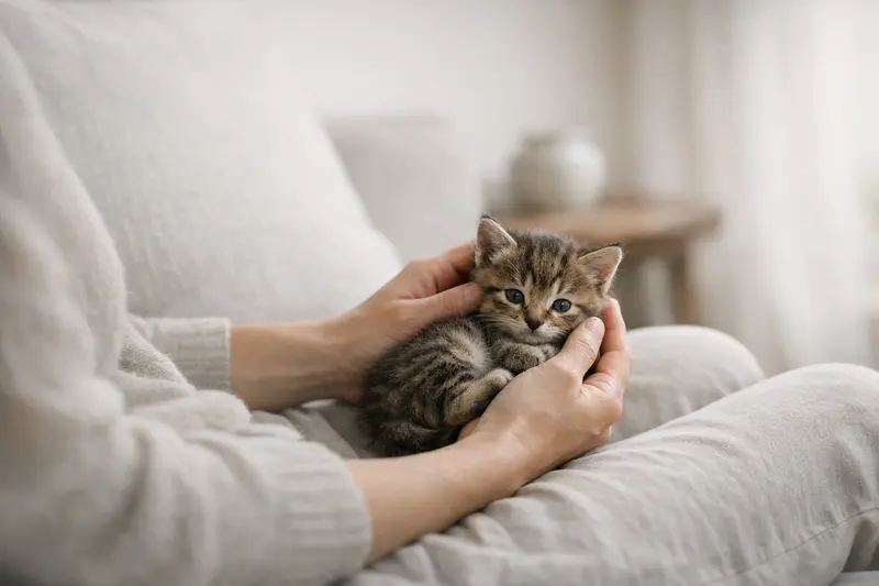 Eine kleine Katze sitzt gelassen in einer liebevoll gestalteten Umgebung.