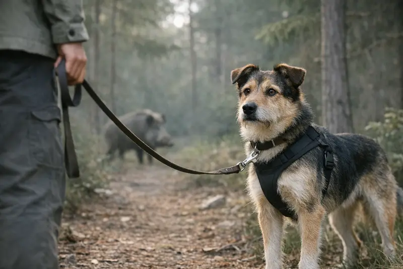 Ein Hund an der Leine wird im Wald spazieren geführt, während im Hintergrund die Gefahr eines Wildschweins angedeutet wird.