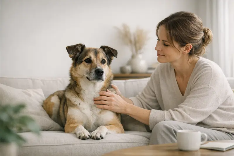 Ein entspannter Hund liegt auf einem Teppich im Wohnzimmer und spürt die Geborgenheit seines Zuhauses.