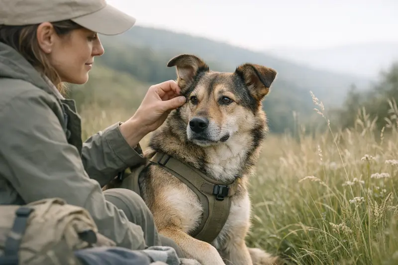 Ein entspannter Hund genießt die Natur während einer Wanderung, während die Gefahr von Zecken im Fokus steht.