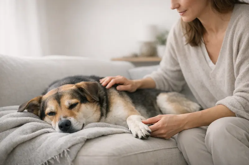 Ein entspannter Hund in ruhiger Lage, der Fürsorge und Sicherheit ausstrahlt.