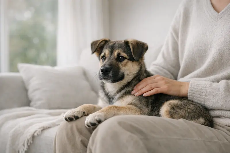 Ein welpentypischer Hund in einer sicheren Umgebung, der Schutz und Orientierung vermittelt.