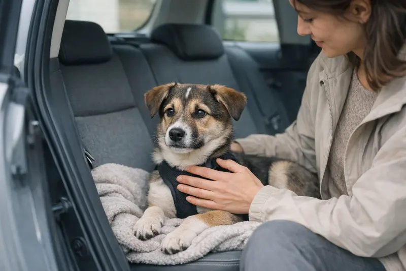 Ein ruhiger Welpe wird sicher im Auto transportiert, was Verantwortungsbewusstsein des Halters zeigt.