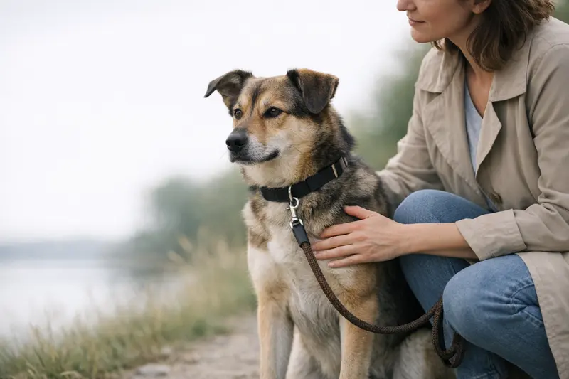 Ein ruhiger Hund an der Leine, der in einer kontrollierten Umgebung sitzt und auf seinen Halter wartet.