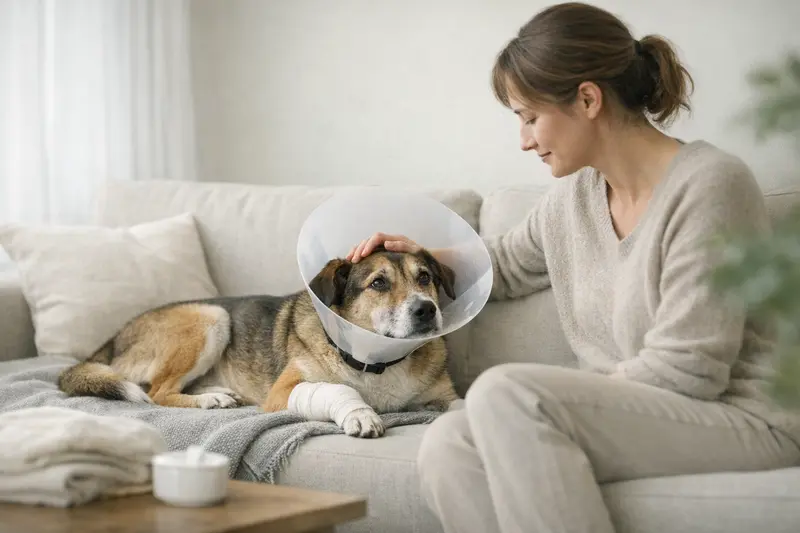 Ein Hund mit Schutzkragen sitzt beruhigt in seiner vertrauten Umgebung, nach einer tierärztlichen Behandlung.