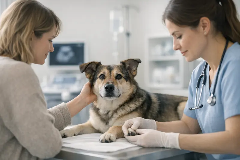 Ein ruhiger Hund in einer tiermedizinischen Umgebung während der Behandlung.