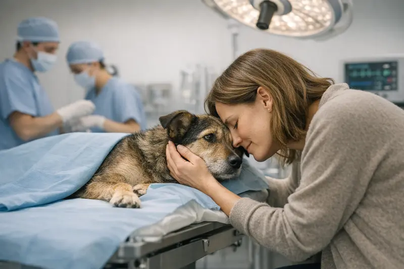 Ein Hund wird in einer ruhigen Tierarztpraxis auf einen geplanten Eingriff vorbereitet.
