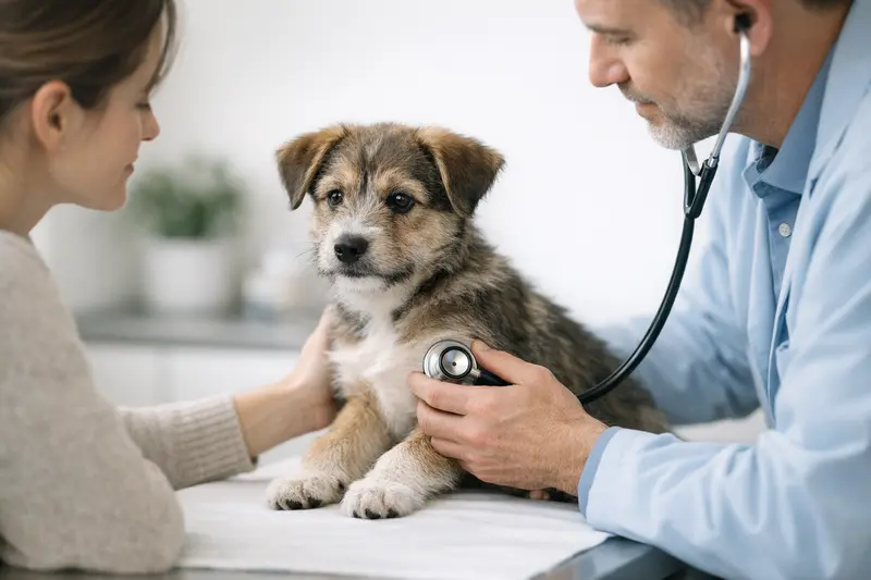 Ein Welpe wird ruhig vom Tierarzt untersucht, was Vertrauen in die Tiergesundheit schafft.
