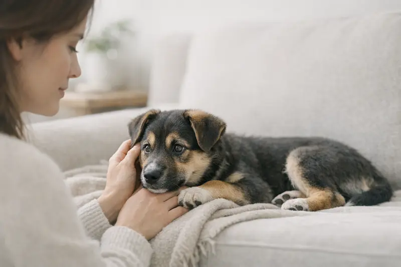 Ein aufmerksamer Hundewelpe wird liebevoll von seinem Besitzer beobachtet.