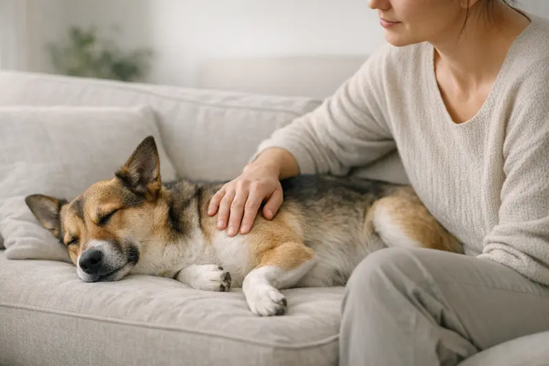 Eine ruhige Katze liegt entspannt mit sichtbar bewegendem Brustkorb zur Unterstützung des Atemfrequenz-monitors.