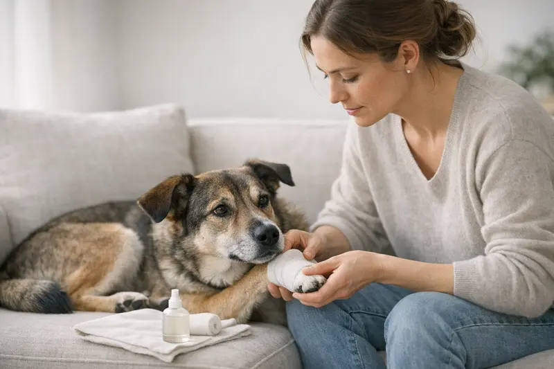 Ein Hund wird behutsam bei einer Wundversorgung behandelt.