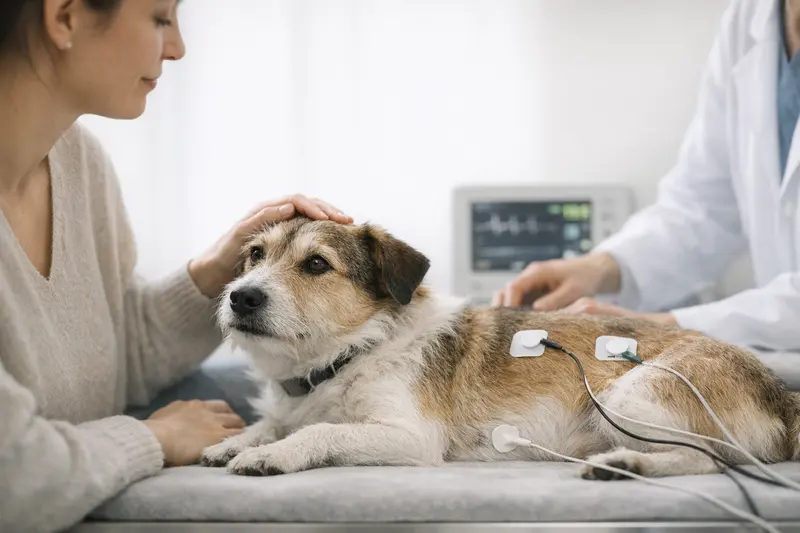 Ein entspannter Hund während einer Untersuchung mit monitoring Geräten und Elektroden.