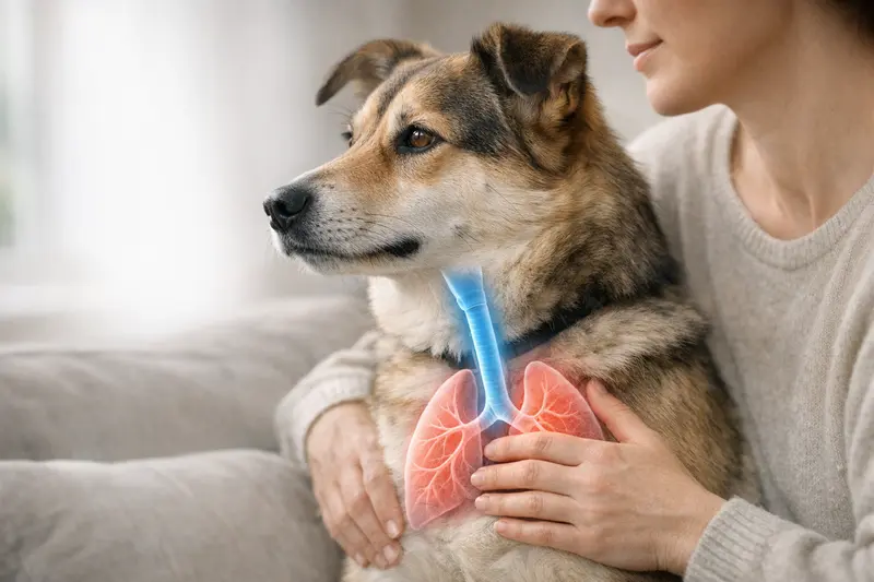 Ein ruhiger Hund im Profil mit Fokus auf Hals- und Brustbereich zur Veranschaulichung der Atemwege.