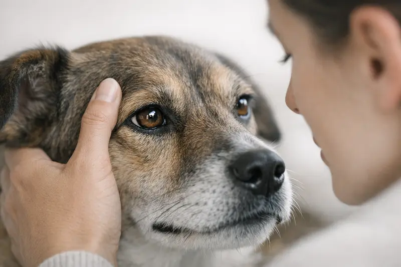 Nahaufnahme eines Hundes mit aufmerksamem, gesundem Auge