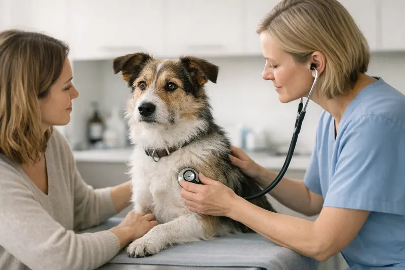 Ein Hund wird während einer tierärztlichen Untersuchung ruhig gehalten.