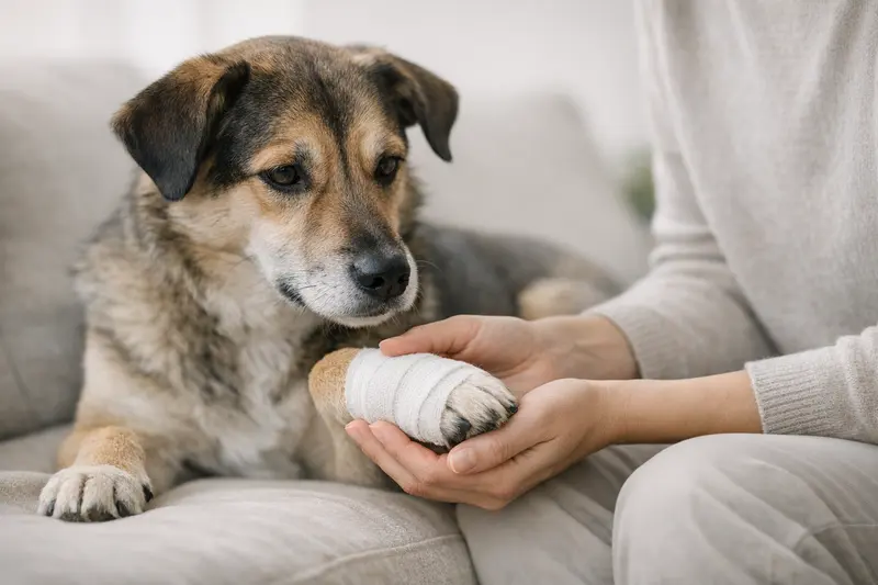 Detaillierte Aufnahme einer Hundepfote mit Verband zur Unterstützung der Tiergesundheit.