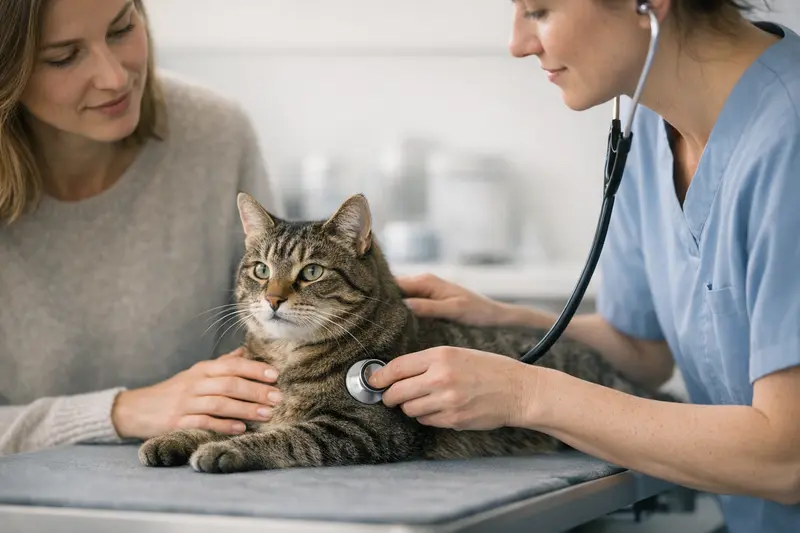 Eine ruhige Katze wird bei einem Tierarzt-Check-up untersucht.