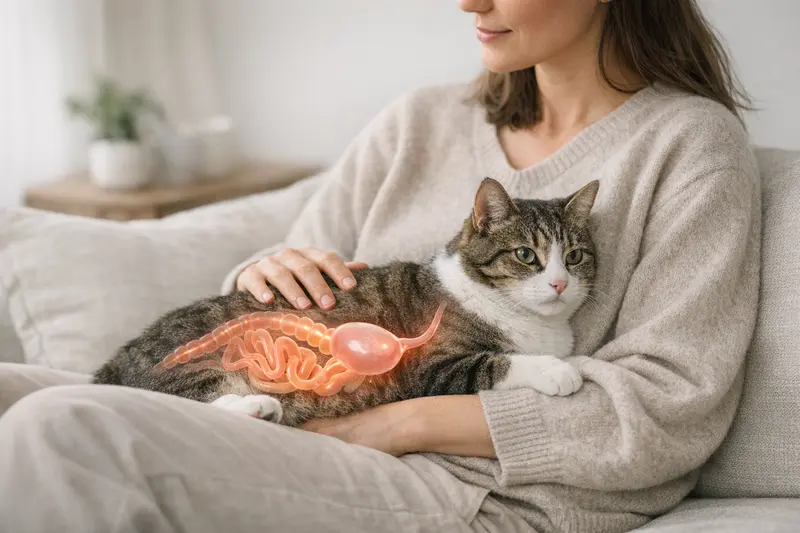 Eine entspannte Katze liegt auf einem weichen Kissen und vermittelt Ruhe und Wohlbefinden, symbolisiert die Bedeutung der Darmgesundheit.