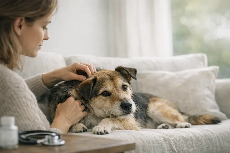 Ein gesunder Hund bei einem Tierarzt-Check-up, der für die Vorsorge gegen Parasiten sensibilisiert.