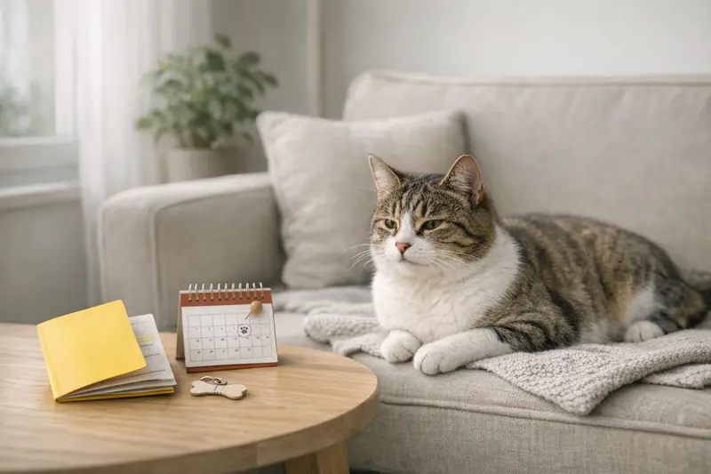 Katze in einem sicheren Zuhause mit Impfausweis und Symbolik für Vorsorge.