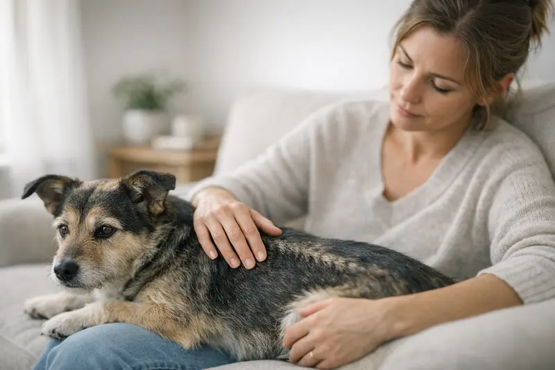 Ein ruhiger Hund liegt entspannt auf einer weichen Unterlage, was die Bedeutung einer gesunden Wirbelsäule unterstreicht.
