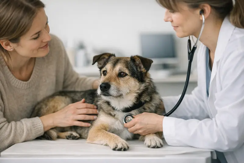 Ein ruhiger Hund wird in einer Tierarztpraxis untersucht.