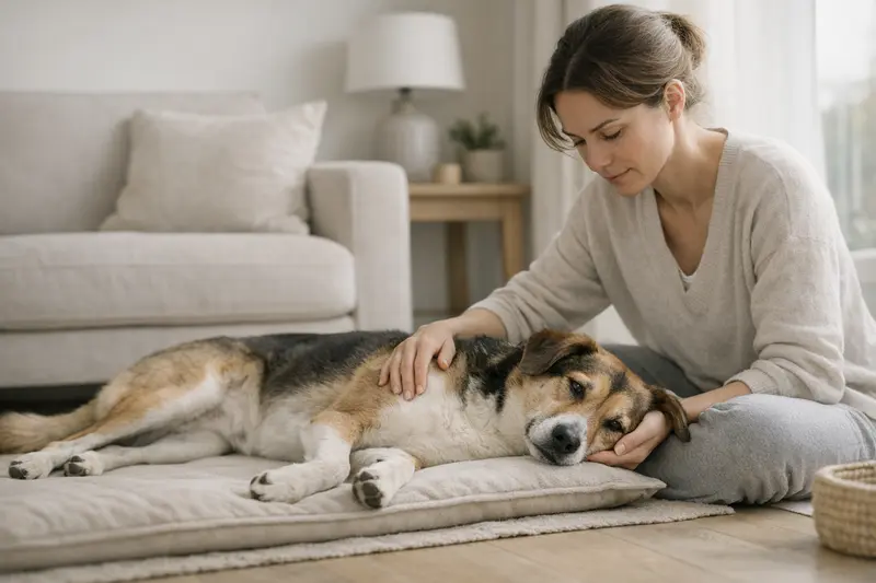 Ein beruhigender Hund, der in einer sicheren Umgebung beobachtet wird, während er einen Anfall hat.