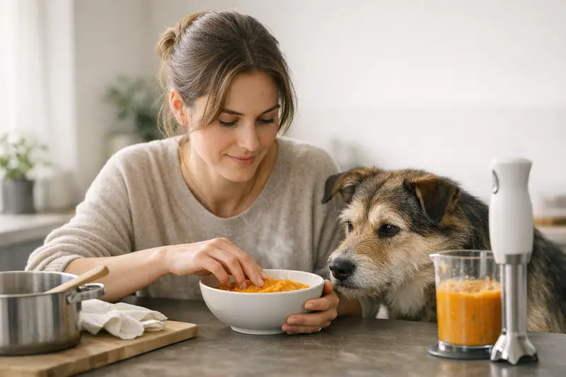 Schritt-für-Schritt Visualisierung zum Zubereiten von Karotten für Hunde und Katzen.