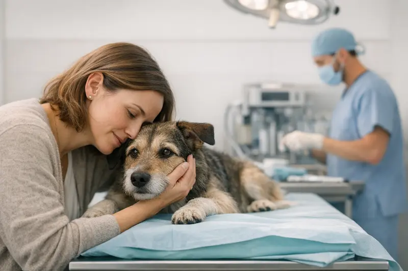 Ein Hund sitzt ruhig in der Tierarztpraxis und wird auf eine Behandlung vorbereitet.