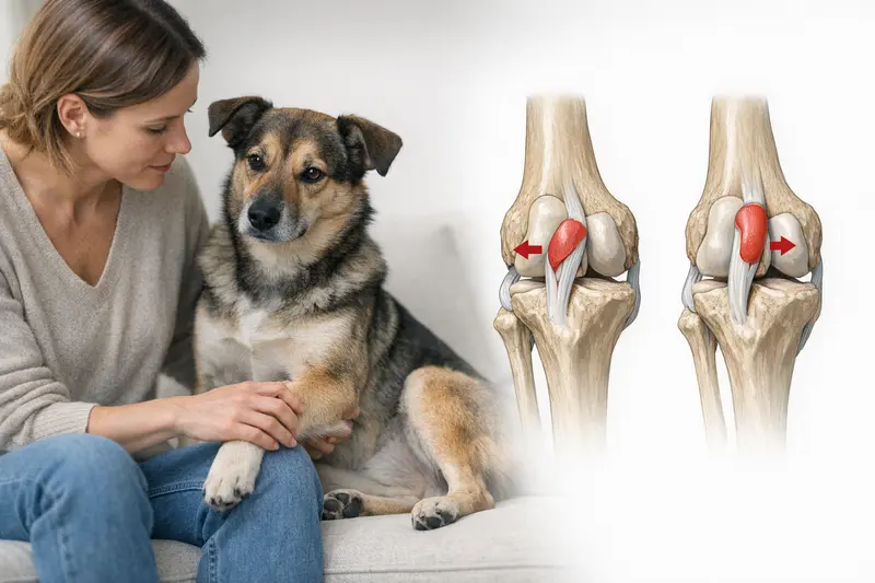 Schematische Darstellung der Knieanatomie eines Hundes mit Patella-Position zur Veranschaulichung der Bewegung der Kniescheibe.