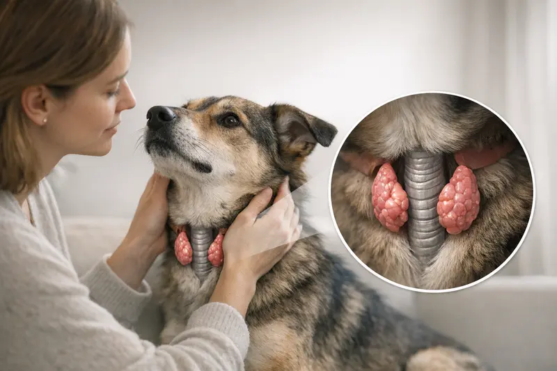Grafische Darstellung der Position der Schilddrüse beim Hund neben der Luftröhre