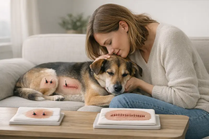Schematische Darstellung einer minimalinvasiven Methode bei Hunden mit kleinen Zugängen im Vergleich zu einem großen Schnitt.