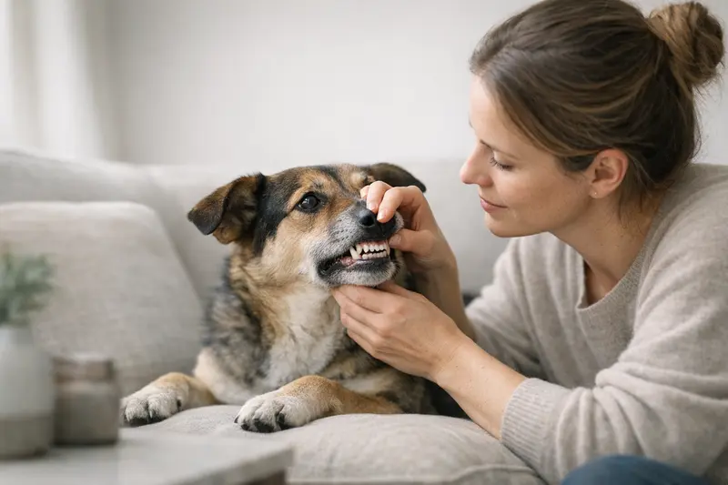 Schematische Darstellung von gesundem Zahnfleisch, Gingivitis und Parodontitis bei Hunden.